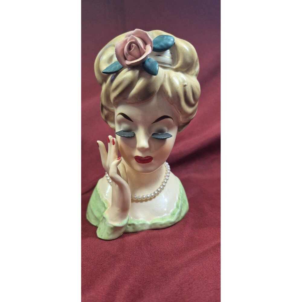 Vintage 1961 Inarco Lady Head Vase E-193 Japan Blonde Rose Green Dress Pearls
